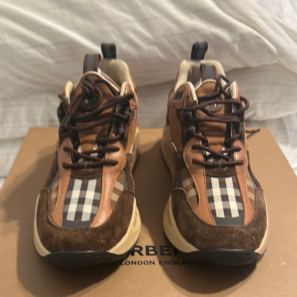 Burberry Tan and Brown Check Sneakers